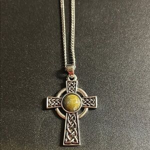 SILVER CONNEMARA MARBLE CELTIC CROSS NECKLACE